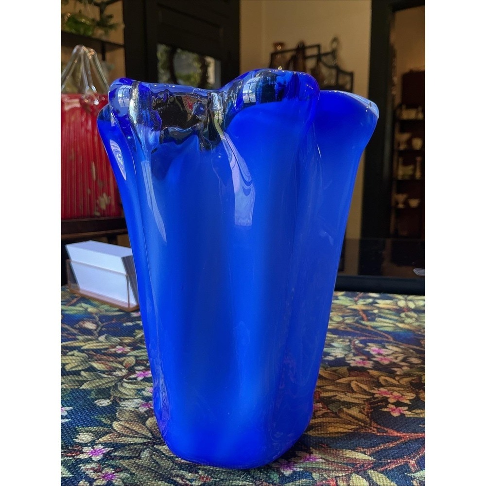 Vintage Kreiss 6.5" Blue Art Glass Vase w/ Ruffled Hand Blown Japan‎